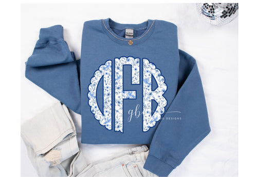 Blue Floral Scallop Monogram