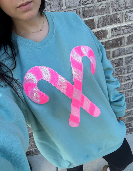 Pink Candy Cane Sequin Appliqué Sweatshirt